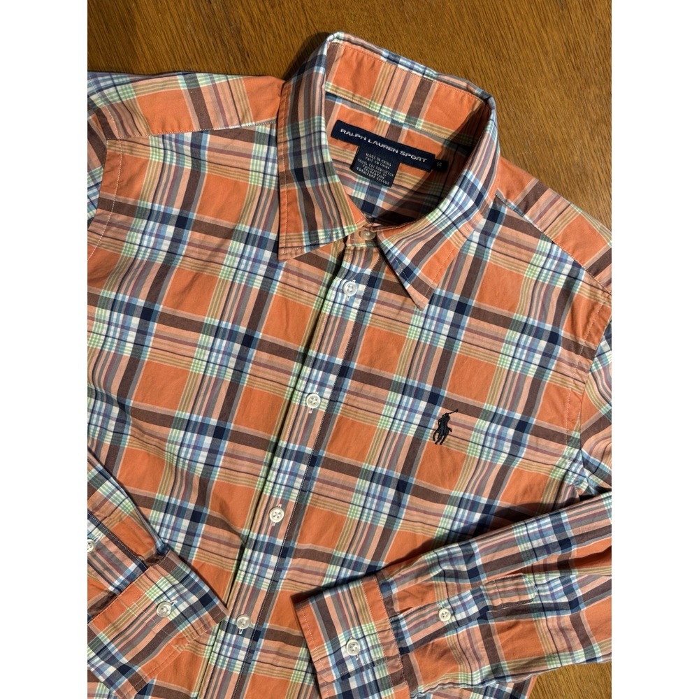 Ralph Lauren Sport Womens 14 Madras Plaid Shirt Orange Cotton Preppy Button Up